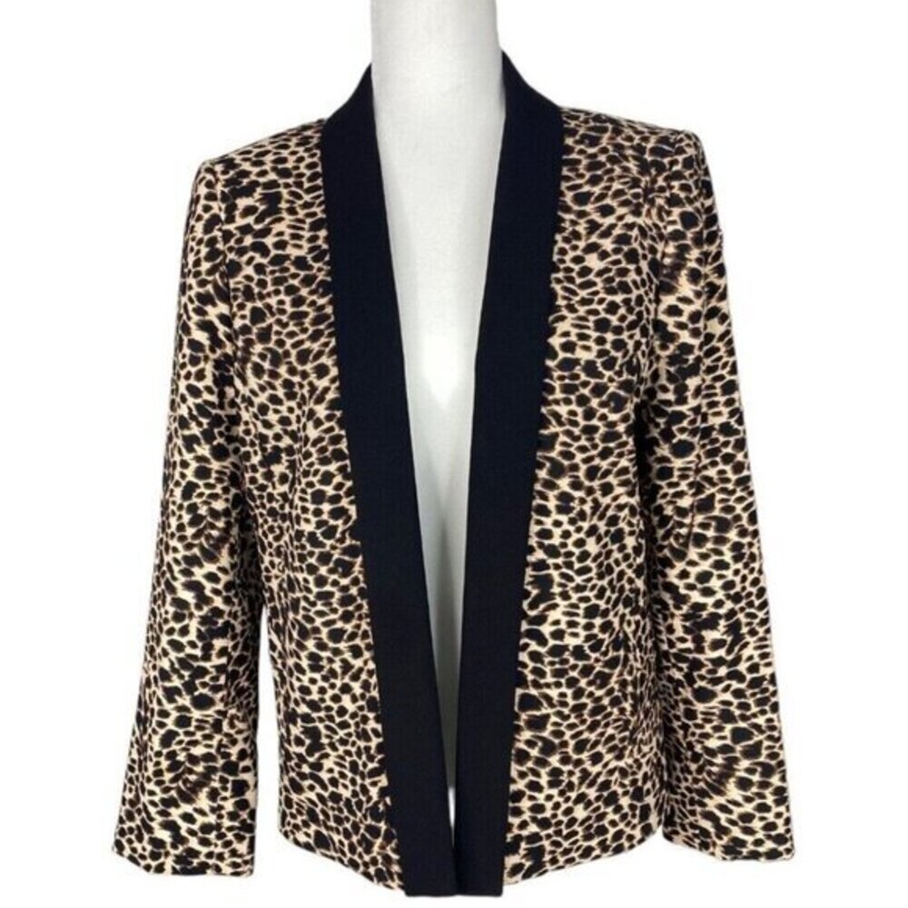 Tahari Arthur S Levine Leopard Print Open Front‎ Blazer Black Shawl Collar 6P